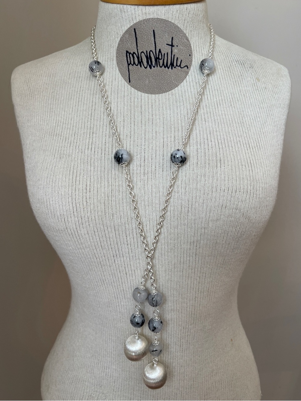 Paola Valentini Long Sterling Silver & Routilated Quartz Statement Necklace